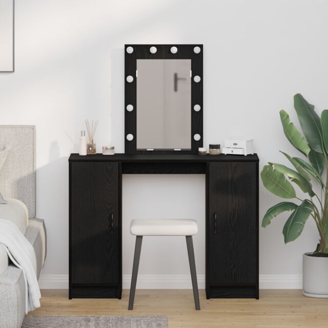 Berkfield Home Dressing Table with LED Lights¬†Black Oak 102x33x135 cm in Black - Size: 102 x 33 x 135 cm - image 1