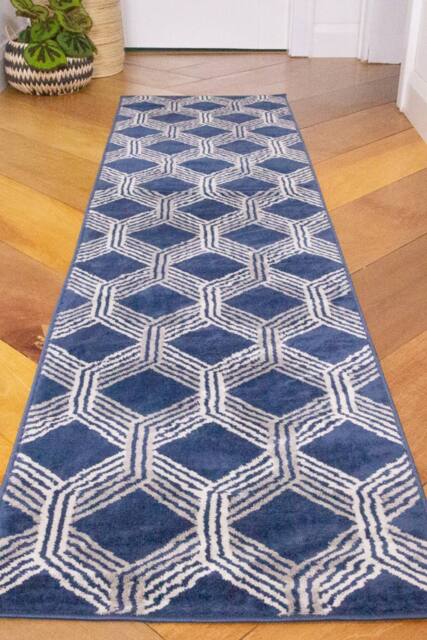 Kukoon Runner Rug Navy Blue Grey Modern Geometric Long Hallway Rugs - Size: 60 cm x 240 cm - image 1
