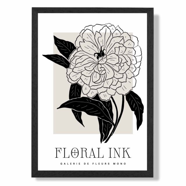 ARTZE Peony Black & Beige Floral Ink Sketch Framed Print SIZE: A2 with Black Frame - Size: A4 - image 1
