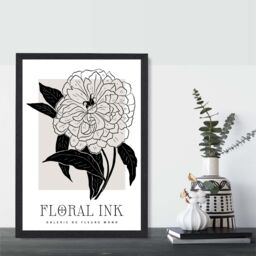 ARTZE Peony Black & Beige Floral Ink Sketch Framed Print SIZE: A2 with Black Frame - Size: A4 - thumbnail 2