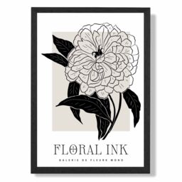 ARTZE Peony Black & Beige Floral Ink Sketch Framed Print SIZE: A2 with Black Frame - Size: A4 - thumbnail 1