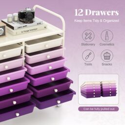 Gymax 12 Drawers Multi-Purpose Utility Cart Storage Rolling Cart With Handles in Purple - thumbnail 5