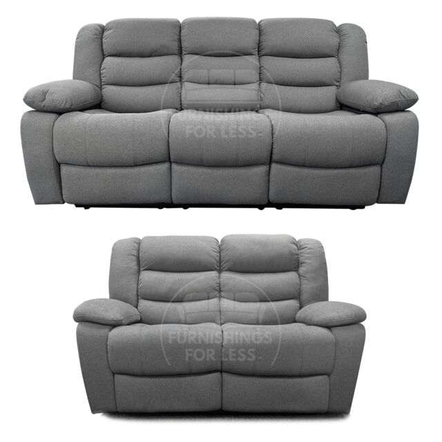 Furnishings For Less UK Manhattan Grey Fabric Sofa Suite Manual Reclining Sofa Set 3 + 2 Seater Sofas With Drinks Tray High Back - image 1