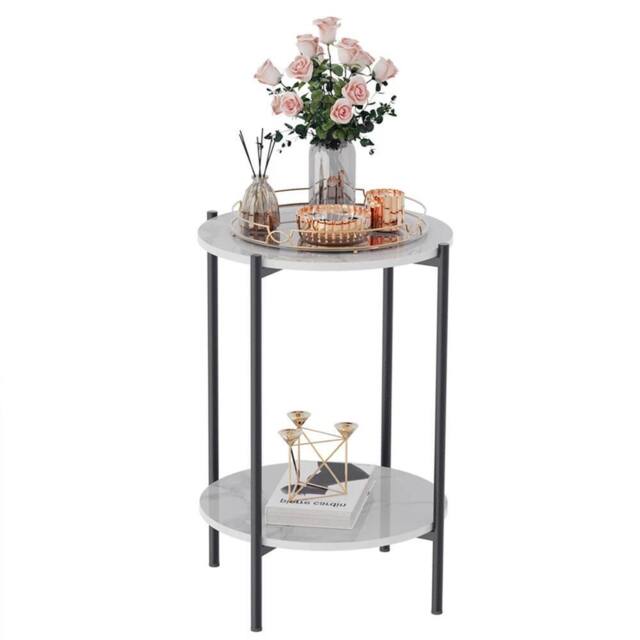 Nordara Black 2 Tier Round Marble End Table Coffee Table Open Nightstand in White - image 1