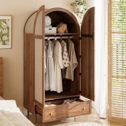 Matteo Elegant Walnut Look Wardrobe - Fabric Doors, Drawer, Clothes Storage - thumbnail 6