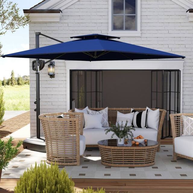 OUTSUNNY Garden Cantilever Parasol w/ Weighted Base Tilt Crank in Blue