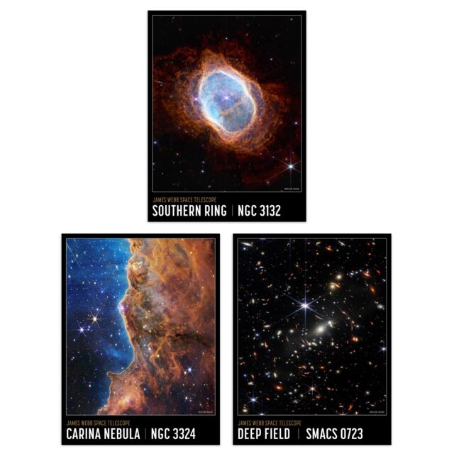 Artery8 Wall Art Print Pack of 3 NASA James Webb Southern Ring Carina Nebula Cosmic Cliffs Deep Field Images Large Poster Set - image 1