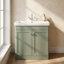 Balterley Bathroom Floor 2-Door Vanity Unit & Fireclay Basin, Satin Green, 800mm in Green - thumbnail 9