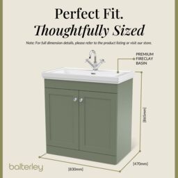 Balterley Bathroom Floor 2-Door Vanity Unit & Fireclay Basin, Satin Green, 800mm in Green - thumbnail 5