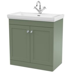 Balterley Bathroom Floor 2-Door Vanity Unit & Fireclay Basin, Satin Green, 800mm in Green