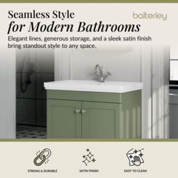 Balterley Bathroom Floor 2-Door Vanity Unit & Fireclay Basin, Satin Green, 800mm in Green - thumbnail 2