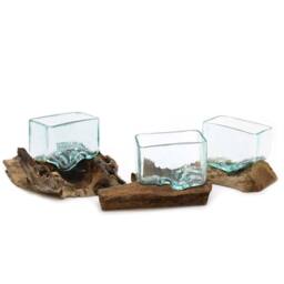 Serenityy Molten Glass Bowl on Wood Stand - Small, Blue - Size: Small - thumbnail 2