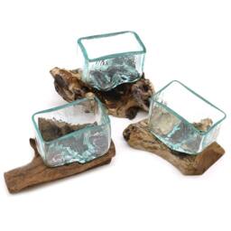 Serenityy Molten Glass Bowl on Wood Stand - Small, Blue - Size: Small - thumbnail 7