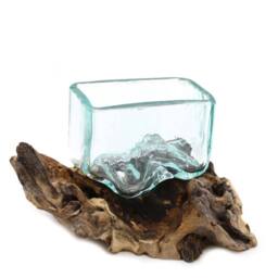 Serenityy Molten Glass Bowl on Wood Stand - Small, Blue - Size: Small - thumbnail 1