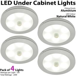 Loops 4x ALUMINIUM Ultra-Slim Round Under Cabinet Kitchen Light & Driver Kit - AUTO ON / Off-PIR - Natural White LED - thumbnail 2