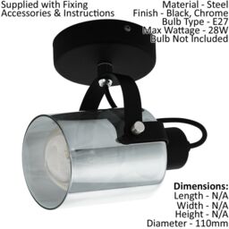 Loops Wall Light Colour Black Chrome Shade Black Transparent Glass Vaporized E27 28W - thumbnail 2
