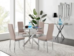 FurnitureboxUK Novara Clear Tempered Glass 100cm Round Dining Table with Chrome Starburst Legs & 4 Milan Faux Leather Chairs in Beige