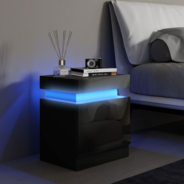 HOMCOM High Gloss Bedside Table with LED Light & 2 Drawers in Black - image 1