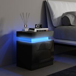 HOMCOM High Gloss Bedside Table with LED Light & 2 Drawers in Black