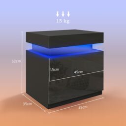 HOMCOM High Gloss Bedside Table with LED Light & 2 Drawers in Black - thumbnail 3