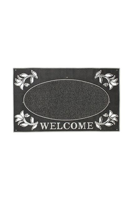 JVL Metallic Look Welcome Floral PVC Scraper Doormat 45x75cm Silver - Size: 45 cm x 75 cm - image 1