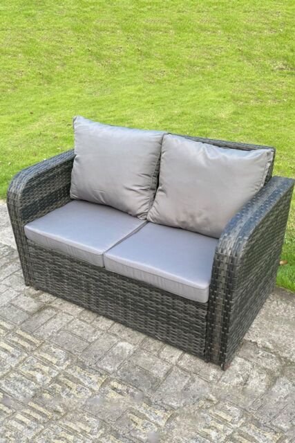 Fimous 2 Seater Curved Arm Rattan Love Sofa Patio With Cushion in Dark Grey - image 1