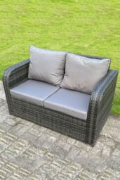 Fimous 2 Seater Curved Arm Rattan Love Sofa Patio With Cushion in Dark Grey - thumbnail 2