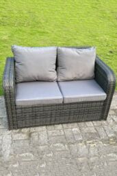 Fimous 2 Seater Curved Arm Rattan Love Sofa Patio With Cushion in Dark Grey - thumbnail 4