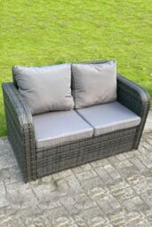 Fimous 2 Seater Curved Arm Rattan Love Sofa Patio With Cushion in Dark Grey - thumbnail 3