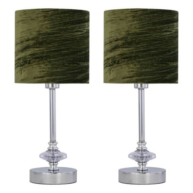 First Choice Lighting Set of 2 Chrome Jewelled Table Lamp with Green Crushed Velvet Shades in Silver - image 1