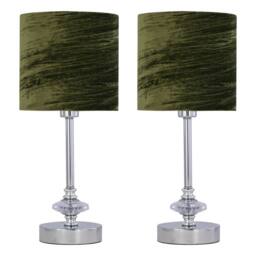 First Choice Lighting Set of 2 Chrome Jewelled Table Lamp with Green Crushed Velvet Shades in Silver - thumbnail 1