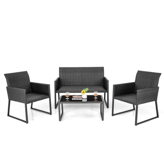 Costway 4 Pcs Wicker Patio Furniture Set Outdoor Conversation Set W/Tempered Glass Table in Brown