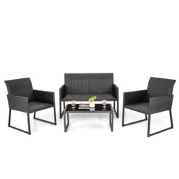 Costway 4 Pcs Wicker Patio Furniture Set Outdoor Conversation Set W/Tempered Glass Table in Brown - thumbnail 1