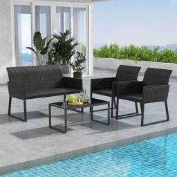 Costway 4 Pcs Wicker Patio Furniture Set Outdoor Conversation Set W/Tempered Glass Table in Brown - thumbnail 3