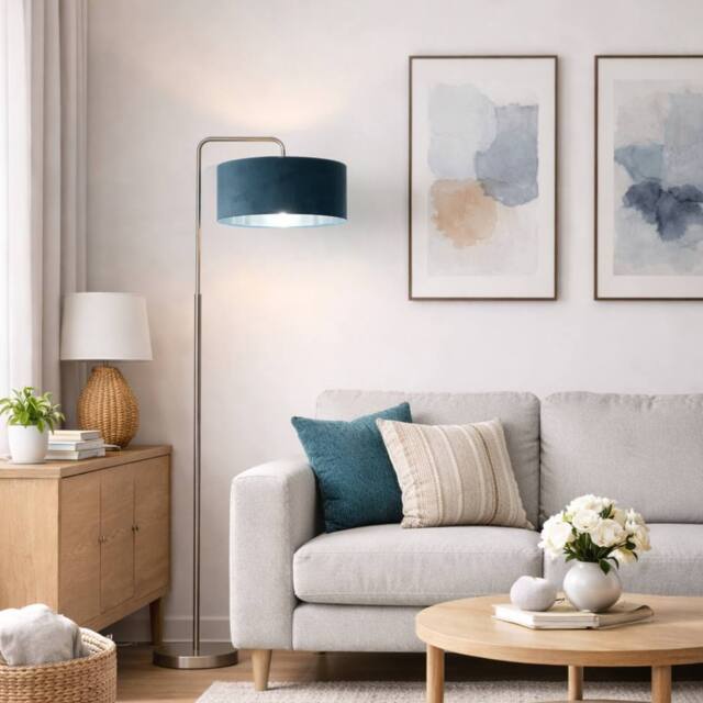 CGC Lighting Kyra Brushed Nickel Angled Floor Lamp with Large 45cm Velvet Lampshade in Teal - image 1
