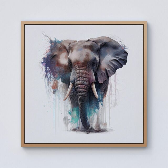 "Warren Reed - Designer Elephant Splashart Framed Canvas in Light Brown - Size: W30"" x H30""" - image 1