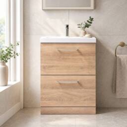 Balterley Bathroom Floor Standing 2-Drawer Vanity & Basin, Bleached Oak, 600mm in Brown - thumbnail 6