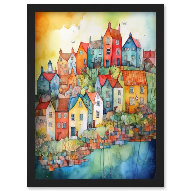 Artery8 Village Of Manarola Italy Folk Art Artwork Framed Wall Art Print A4 in Black - image 1