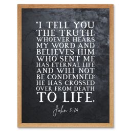Artery8 Wall Art Print John 5:24 Whoever Hears My Word & Believes Has Eternal Life Christian Bible Verse Quote Scripture Typography Art Framed - thumbnail 1