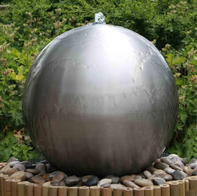 Primrose Brushed 60cm Stainless Steel Sphere Water Feature Cascade LED Light in Metallic Silver - image 1