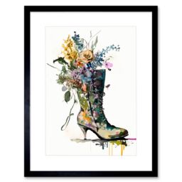 "Artery8 Wall Art Print Spring Flower Bouquet in High Heeled Combat Boot Artwork Framed 9X7 Inch in Black - Size: W7"" x H9""" - thumbnail 1