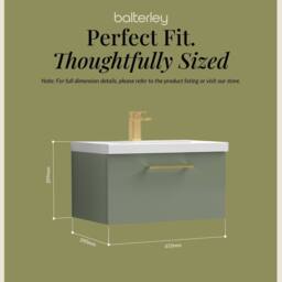 Balterley 600mm Wall Hung 1 Drawer Vanity Basin Unit, Satin Green, Brass Handle in Green - thumbnail 5