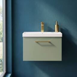 Balterley 600mm Wall Hung 1 Drawer Vanity Basin Unit, Satin Green, Brass Handle in Green - thumbnail 9