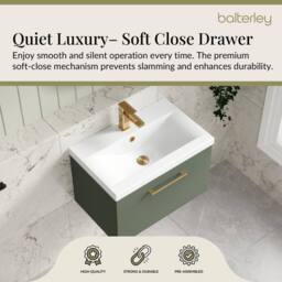 Balterley 600mm Wall Hung 1 Drawer Vanity Basin Unit, Satin Green, Brass Handle in Green - thumbnail 3