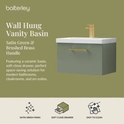 Balterley 600mm Wall Hung 1 Drawer Vanity Basin Unit, Satin Green, Brass Handle in Green - thumbnail 2
