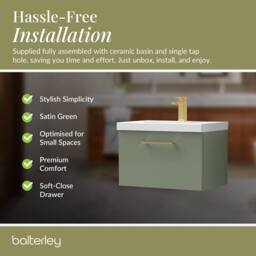 Balterley 600mm Wall Hung 1 Drawer Vanity Basin Unit, Satin Green, Brass Handle in Green - thumbnail 4