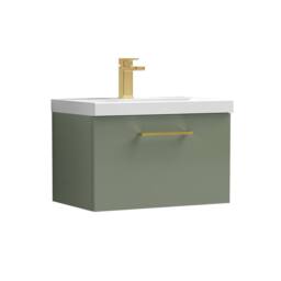 Balterley 600mm Wall Hung 1 Drawer Vanity Basin Unit, Satin Green, Brass Handle in Green