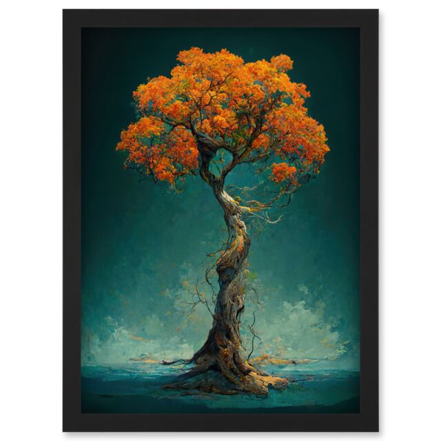 Artery8 Elegant Ancient Lone Autumn Fall Tree On Teal Artwork Framed Wall Art Print A4 in Black - image 1