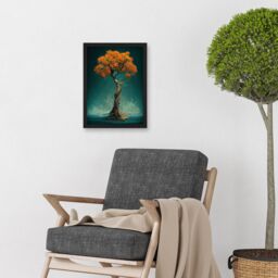Artery8 Elegant Ancient Lone Autumn Fall Tree On Teal Artwork Framed Wall Art Print A4 in Black - thumbnail 2