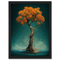 Artery8 Elegant Ancient Lone Autumn Fall Tree On Teal Artwork Framed Wall Art Print A4 in Black - thumbnail 1